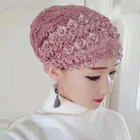 2021春夏回族头巾纱巾帽子女新款头巾套头时尚透气帽子包头帽 海棠粉【蕾丝帽】 单件帽子
