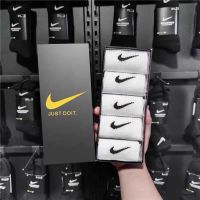 四季新款5双盒装勾勾防臭袜短筒袜男女袜运动款纯棉中筒NK袜子 黑盒短袜 3双白色