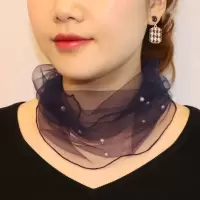 春秋季百搭女套围脖网纱珍珠领子护颈脖套防晒蕾丝珍珠小丝巾薄款 白色珍珠钉-藏青色