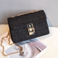 网红包包女新款复古潮韩版单肩百搭呢子斜挎包ins同款链条小方包 呢子黑色小号