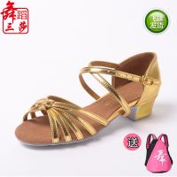 拉丁舞鞋女儿童中跟舞蹈鞋女童初学者练功鞋夏季少儿拉丁舞鞋 203金色[送三角包] 24