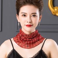 围脖女套头夏季薄款桑蚕丝假领子护颈脖套网纱防晒小丝巾真丝围巾 锈红格子 均码(有弹性)