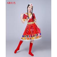 藏族舞蹈演出服装 女 成人水袖少数民族服装长短袖广场舞表演服饰 A款 红色 L