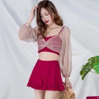 时尚分体泳衣女2021年新款泡温泉显瘦韩国ins超仙保守学生游泳衣 B204 妃红(分体套装) M(适合80-95斤)