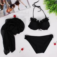 韩国新款小胸钢托聚拢比基尼三件套 泳衣女 温泉披纱泳装性感分体 黑色 S