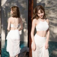 游泳衣女分体平角比基尼三件套钢托小胸聚拢韩版泳衣小香风沙滩衣 睹86204白色比基尼 S