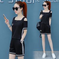 含棉 运动套装女夏季2020新款宽松短袖短裤两件套跑步服休闲套装 黑色 [含棉] M [80-100斤]