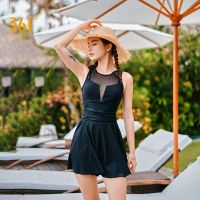 361度游泳衣女连体裙式新款保守聚拢遮肚显瘦性感泡温泉泳装 黑色 M