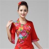 云裳春英广场舞秧歌服装女新款套装春夏扇子舞跳舞衣灯笼裤演出服 大红中袖上衣 L