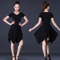 拉丁舞练功服女新款成人拉丁舞服装连衣裙性感训练服2020拉丁舞裙 黑色 短袖不规则 S