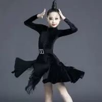南韩绒秋冬少儿童拉丁舞服装女孩拉丁舞练功服表演服装成人女舞裙 黑色 (秋冬款) 110 [收藏优先发货]