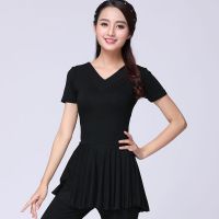 2020春夏新款广场舞服装上衣短袖V领舞蹈服装拉丁舞练功跳舞服女 (V领)纯黑色 L