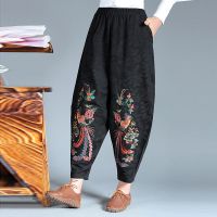 绣花灯笼裤民族风女装春秋新款黑色宽松裤复古舞蹈靴裤阔腿九分裤 凤凰花 XL