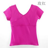 芭蕾舞蹈上衣练功服紧身v领基训成人长袖艺考形体服白色打底t恤女 前交叉T恤-玫红-短袖 S