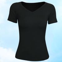 摩登舞上衣新款短袖女成年圆领国标交谊舞蹈形体练功服拉丁舞上衣 黑色 v领 短袖 S