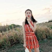 游泳衣女保守泡温泉性感显瘦遮度小胸大码韩版女学生清新沙滩泳装 软脱文胸 条纹红 M(78-95斤)