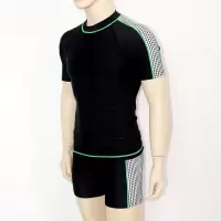 特价男士泳衣冲浪服修身防晒泳衣上衣套装男士短袖分体游泳衣泳裤 平角格子上衣+裤子送泳帽 M 送布泳帽