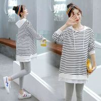 孕妇装秋装网红套装时尚宽松外出卡通孕妇卫衣潮长袖春秋款两件套 黑白条纹[单件上衣] M