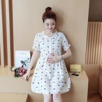 2021夏上新夏装短袖中长款连衣裙夏装韩版时尚印花裙可喂奶孕妇装 黄蓝喜鹊裙子 M[85-100]斤