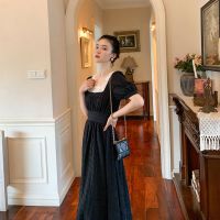 孕妇装夏装法式复古方领哺乳衣连衣裙收腰显瘦外出喂奶衣服辣妈款 黑色(孕妇款) M