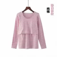 哺乳期衣服外出秋装月子服纯棉产后喂奶孕妇睡衣带胸垫长袖上衣 纯棉粉白条纹 M建议85-110