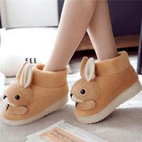 卡通动物兔子棉拖鞋冬季厚底保暖鞋月子棉鞋毛拖鞋女高帮居家居鞋 米色 255(合适38,39的脚)