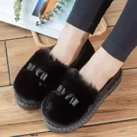 冬季新款韩版棉鞋女毛绒包跟保暖棉鞋月子鞋家居毛拖鞋加绒豆豆鞋 黑色(豆豆鞋) 35码
