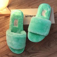 棉拖鞋女厚底冬季居家居室内木地板月子毛绒一字拖毛毛拖鞋女冬天 果绿色 40-41码内长26厘米