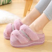 高跟棉拖鞋女厚底可爱室内居家毛绒月子拖鞋秋冬外穿棉鞋保暖坡跟 毛绒-紫色 38-39适合37-38码脚穿