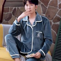 青年海岛绒睡衣男冬珊瑚绒薄款秋冬长袖春秋家居服法兰绒保暖套装 KS711靛蓝口袋绣雄鹿(海岛绒) L(110--125斤