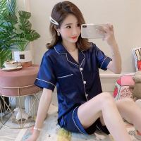 睡衣女春秋季女长袖仿真丝学生韩版加大码性感夏季冰丝家居服套装 短裤短袖-蓝色 L (建议96-115斤)