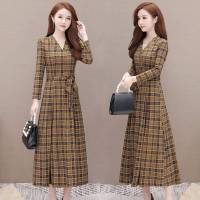格子连衣裙2020秋季新款长袖收腰遮肚气质女装V领时尚长款仙女裙 黄色 S