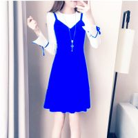2019春秋季新款韩版圆领修身显瘦连衣裙长袖中长款百搭A字裙子 蓝色 S[90斤内]