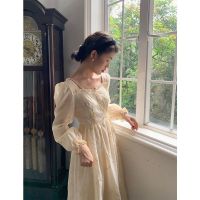 法式复古宫廷少女长袖方领刺绣连衣裙收腰显瘦气质女神范礼服长裙[5天内发货] 杏色 S