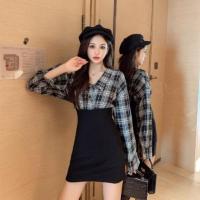 2021秋装新款法式复古格子长袖拼接修身显瘦包臀短裙连衣裙子女 格子连衣裙 XXS 建议20公斤以下