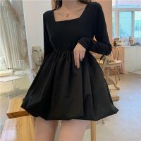 2020秋冬仙女气质蓬蓬裙新款韩版方领收腰修身高腰长袖连衣裙女潮[13天内发货] 黑色 S 70-95斤