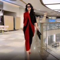 大码时尚褶皱连衣裙女2021春季新款贵夫人V领撞色显瘦气质长裙子 红黑 L 90-120斤可穿