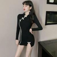 性感旗袍改良连衣裙2020秋新款复古开叉短裙气质长袖显瘦包臀裙 黑色 S