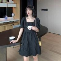 2021春夏装新款白色泡泡袖连衣裙小个子短款方领收腰减龄显瘦气质[3月12日发完] 黑色短款 3XL 135-145