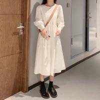 春秋2021新款韩版宽松法式复古连衣裙女设计感中长款A字裙闺蜜装 白色单件裙子 XS 建议70-90斤