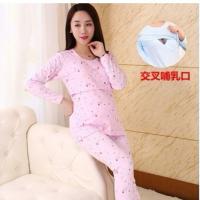 孕妇秋衣秋裤套装纯棉毛衫睡衣全棉月子服秋冬喂奶衣产后哺乳衣 801卡通粉色交叉口托腹套装 L号建议100到130斤