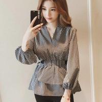 2020春秋装新款棉麻格子衬衫女韩版V领收腰上衣灯笼九分袖衬衣潮 黑色 黑白格子 S