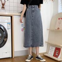 夏季2021新款复古水洗高腰显瘦开叉中长款A字牛仔半身裙女裙子ins[15天内发货] 蓝色 S