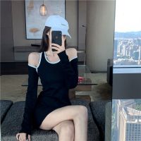 性感辣妹连衣裙2021新款春秋修身显瘦御姐风裙子夏天新款露肩短裙 黑色 S 建议80-95斤