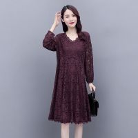 大码女装A字裙早春夏装2021新款胖妹妹蕾丝打底连衣裙中长款显瘦 紫红色(优质版)袖子镂空 M 建议80-90斤