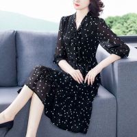 贵夫人波点连衣裙女七分袖2021年春季新款减龄高端洋气中长款裙子 黑色 M 95-105斤