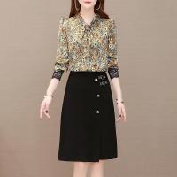 碎花连衣裙女2021年春季新款洋气时尚假两件拼接长袖收腰包臀裙子【15天内发货】 黑色 M