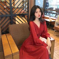 2021早春新款韩版闪闪设计感收腰压褶气质长袖裙百搭显瘦连衣裙女 红色 S