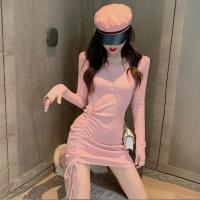 性感气质抽绳连衣裙女早春2021新款修身显瘦长袖打底包臀裙子 粉色 S