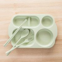 儿童餐盘套装可爱日式创意小麦秸秆餐具宝宝防摔家用卡通分格盘 北欧绿四件套